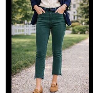 FRAME Le High Straight Jeans Forest Green Raw Hem Womens 29 High Rise Slim Leg